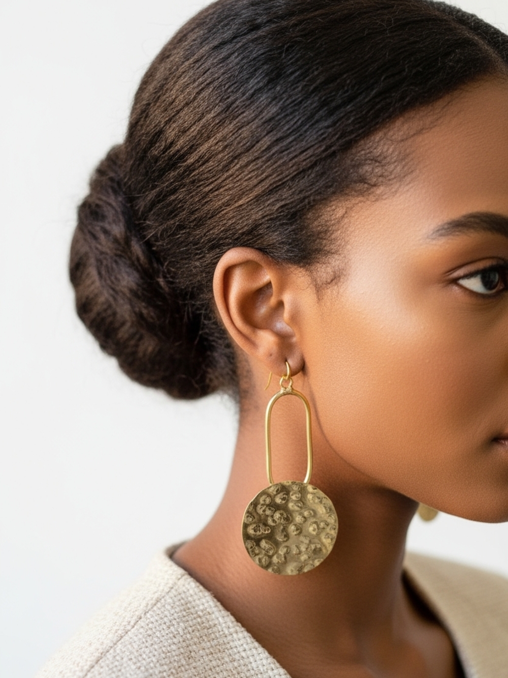 Gold Hammered Disc Drop Earrings with Elongated Loop